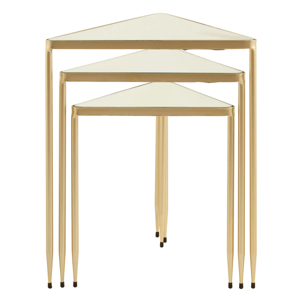 Set of 3 Mirrored Glass Top Triangle Nesting Tables with Gold Champagne Metal Frame | Avantis