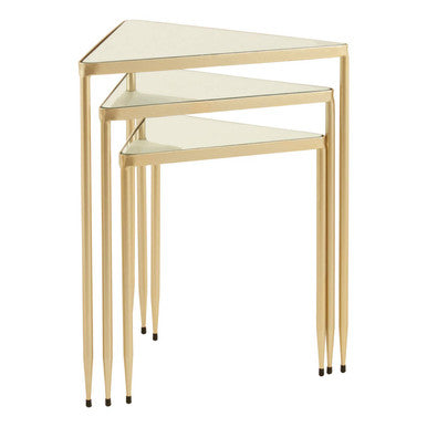 Set of 3 Mirrored Glass Top Triangle Nesting Tables with Gold Champagne Metal Frame | Avantis