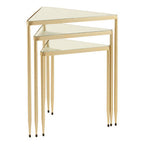 Set of 3 Mirrored Glass Top Triangle Nesting Tables with Gold Champagne Metal Frame | Avantis