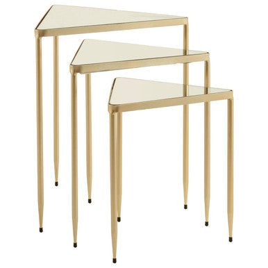 Set of 3 Mirrored Glass Top Triangle Nesting Tables with Gold Champagne Metal Frame | Avantis