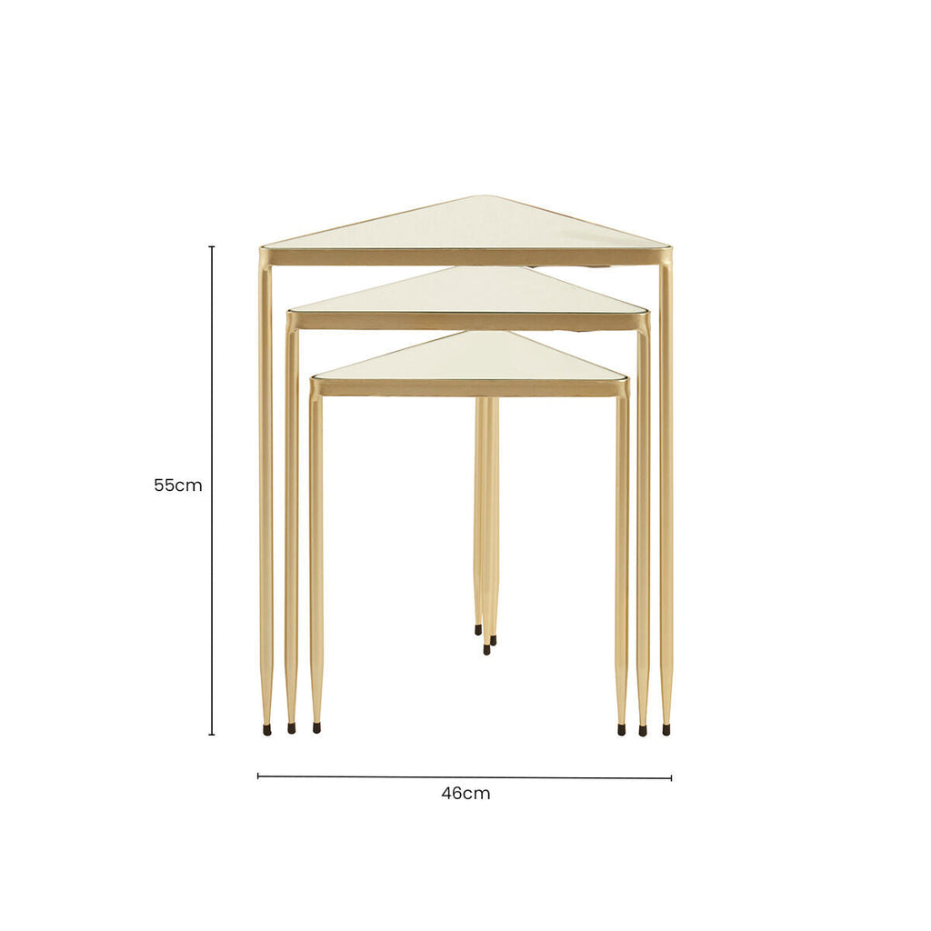 Set of 3 Mirrored Glass Top Triangle Nesting Tables with Gold Champagne Metal Frame | Avantis