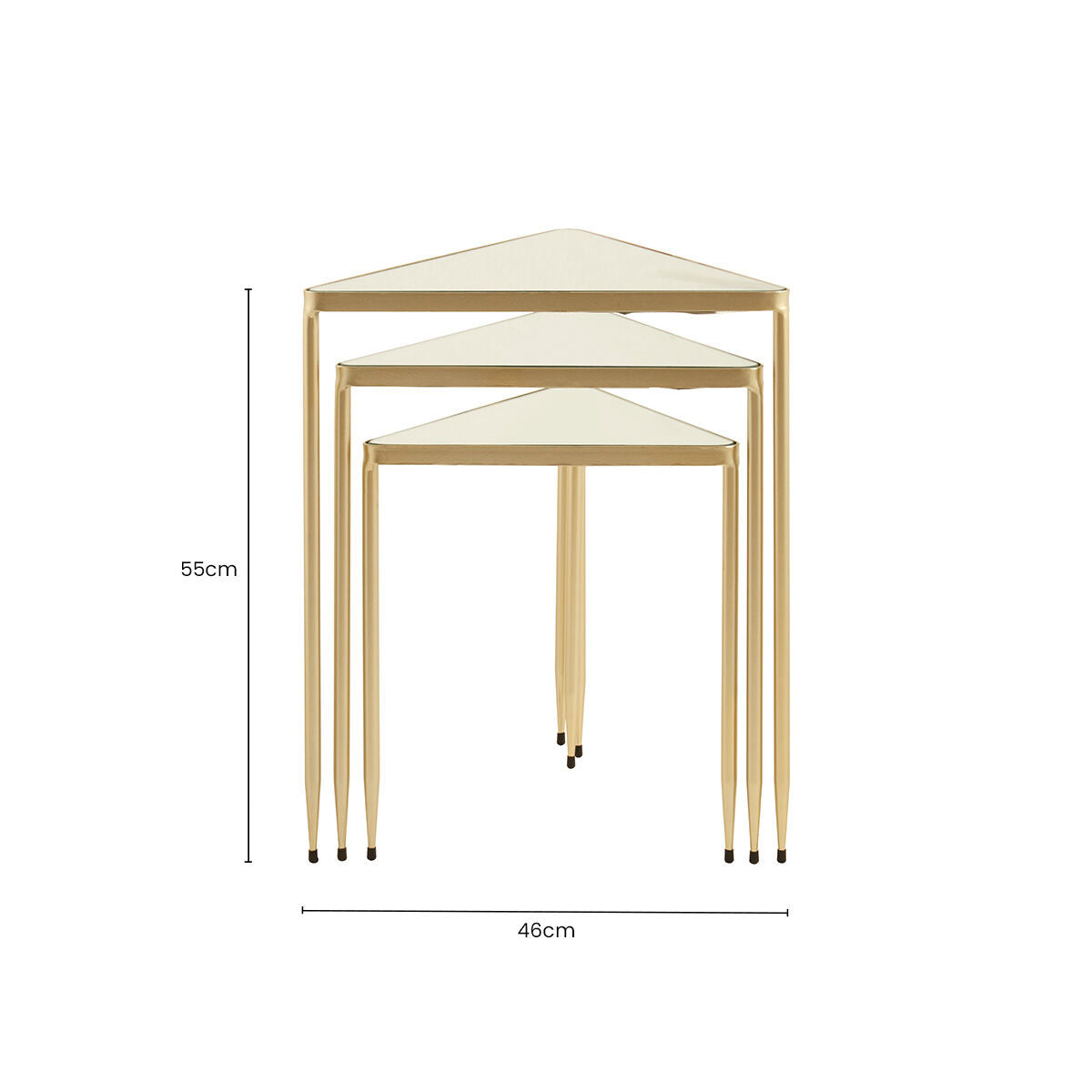 Set of 3 Mirrored Glass Top Triangle Nesting Tables with Gold Champagne Metal Frame | Avantis