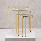 Set of 3 Mirrored Glass Top Triangle Nesting Tables with Gold Champagne Metal Frame | Avantis