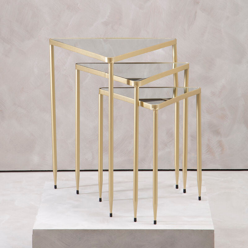 Set of 3 Mirrored Glass Top Triangle Nesting Tables with Gold Champagne Metal Frame | Avantis