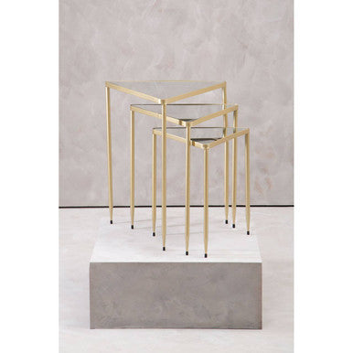 Set of 3 Mirrored Glass Top Triangle Nesting Tables with Gold Champagne Metal Frame | Avantis