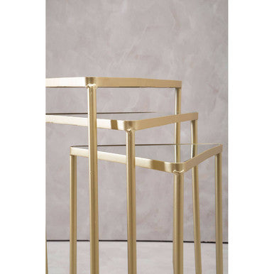 Set of 3 Mirrored Glass Top Triangle Nesting Tables with Gold Champagne Metal Frame | Avantis