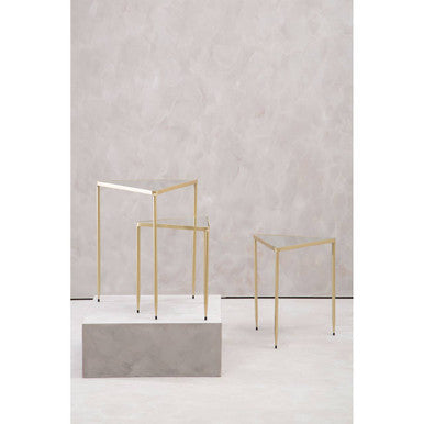 Set of 3 Mirrored Glass Top Triangle Nesting Tables with Gold Champagne Metal Frame | Avantis