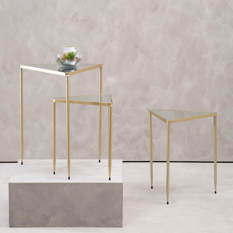 Set of 3 Mirrored Glass Top Triangle Nesting Tables with Gold Champagne Metal Frame | Avantis