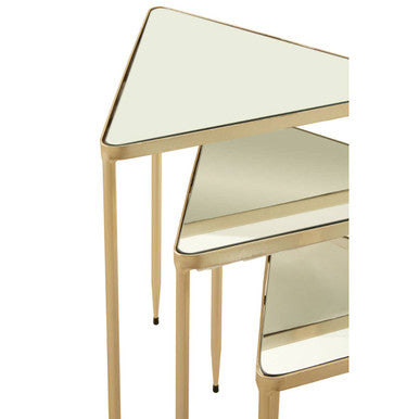 Set of 3 Mirrored Glass Top Triangle Nesting Tables with Gold Champagne Metal Frame | Avantis