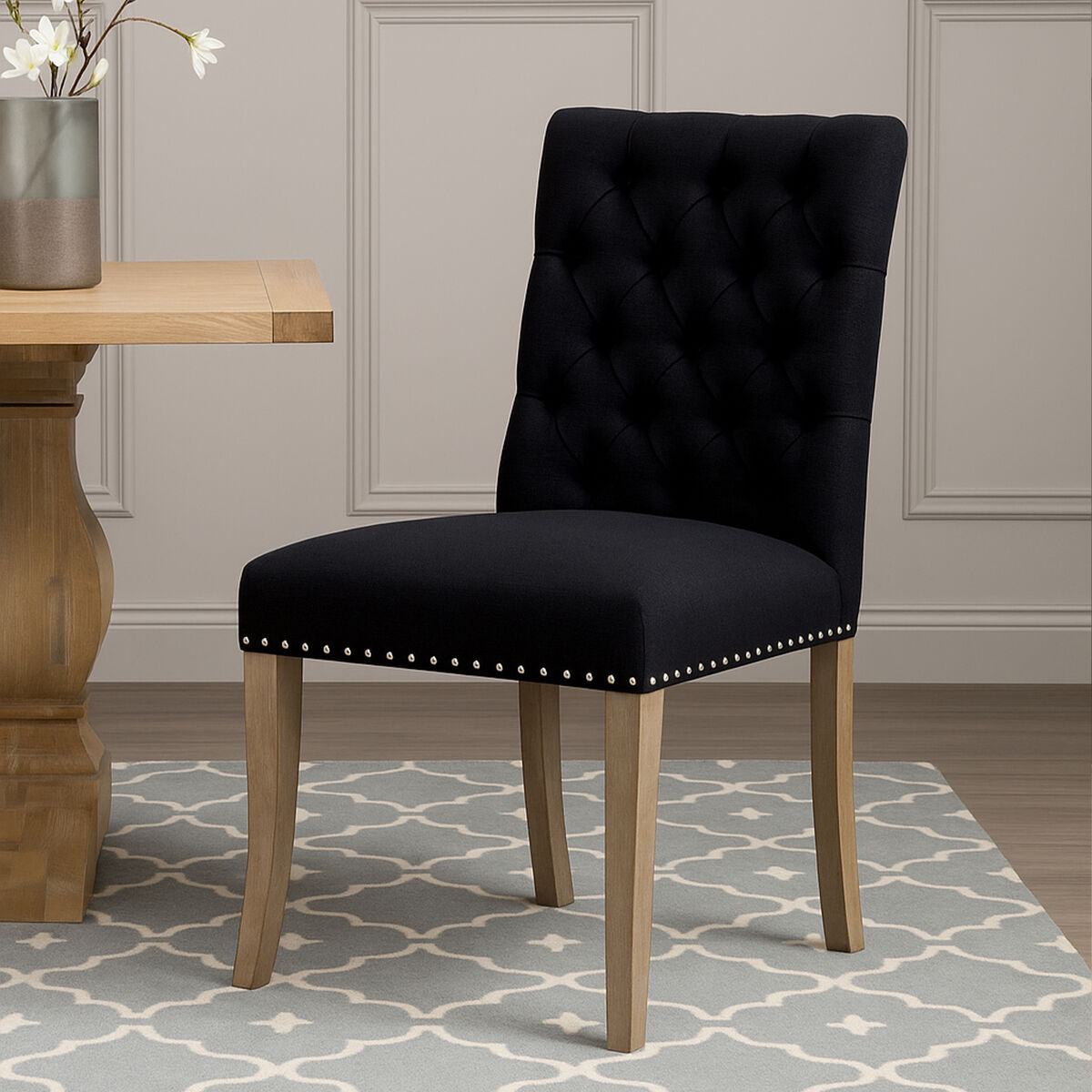 Black Linen Dining Chair with Wooden Legs