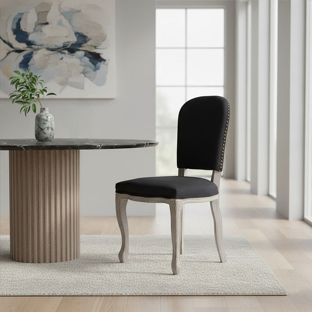 Black Linen Dining Chair with Antique Wood Legs