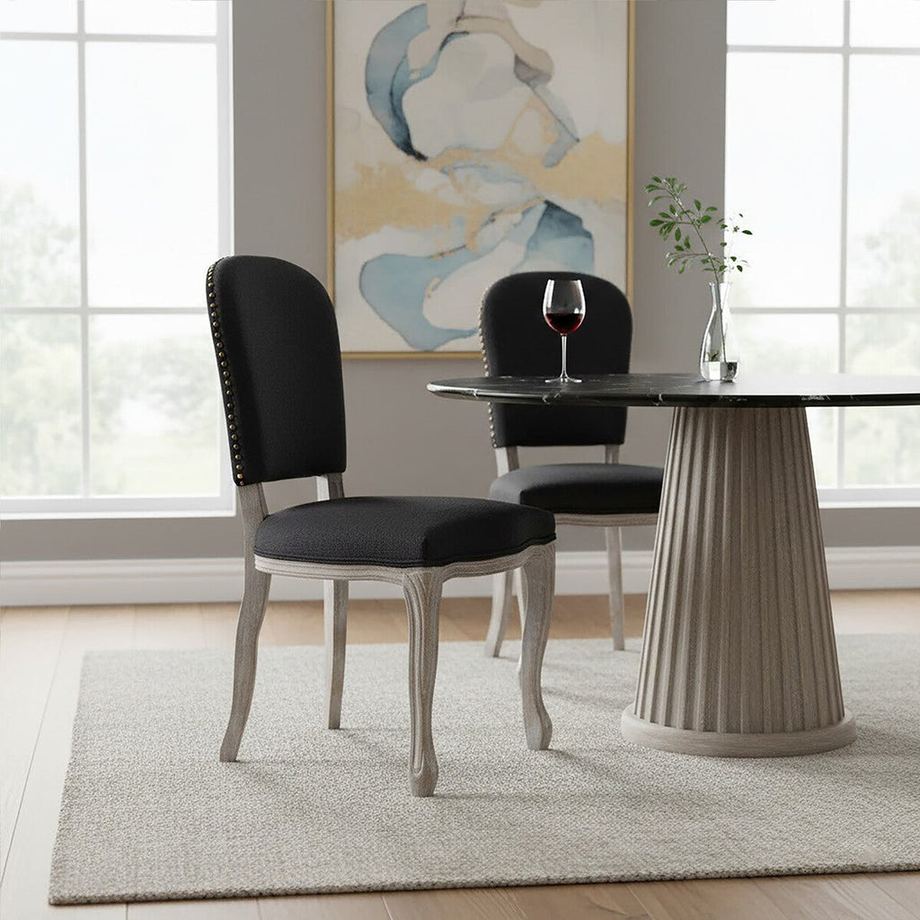 Black Linen Dining Chair with Antique Wood Legs