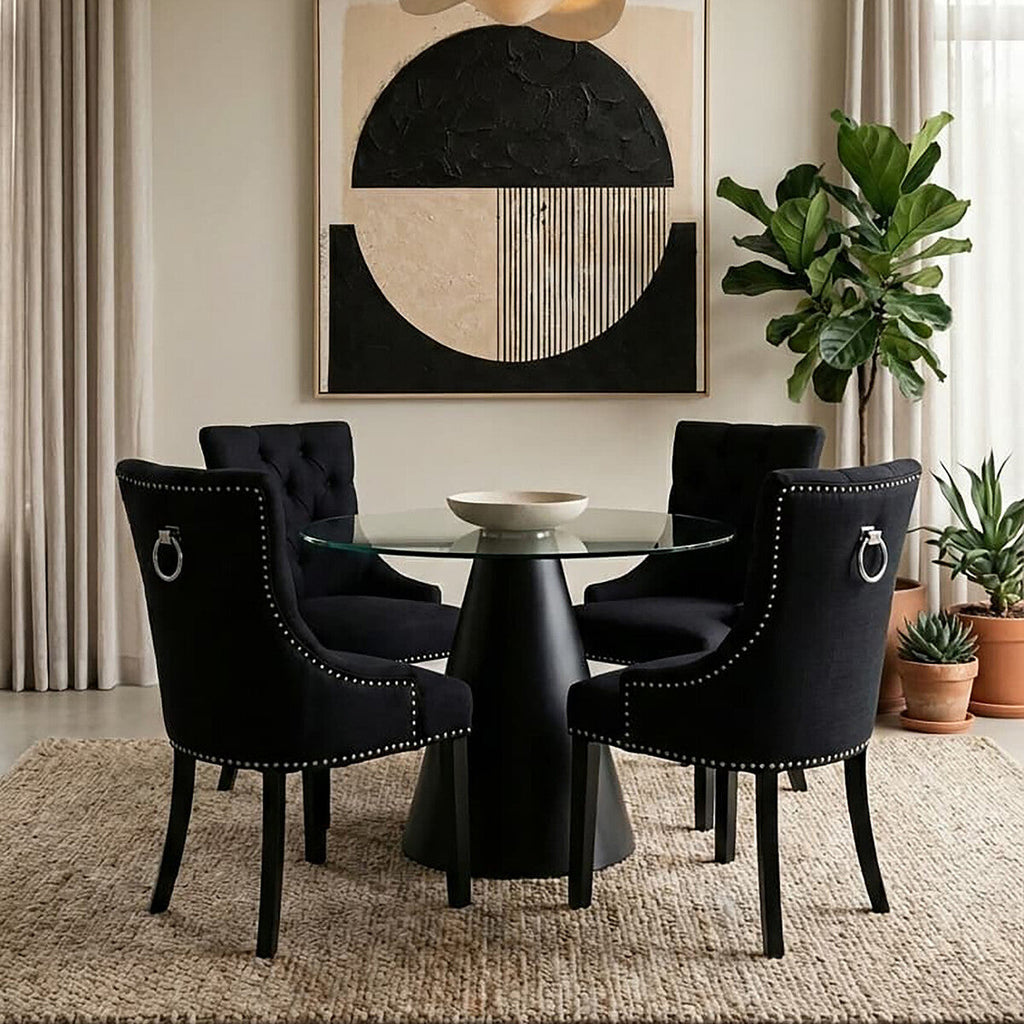 Black Linen Studded Dining Chair
