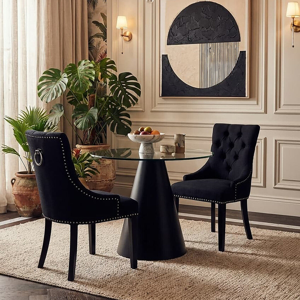 Black Linen Studded Dining Chair