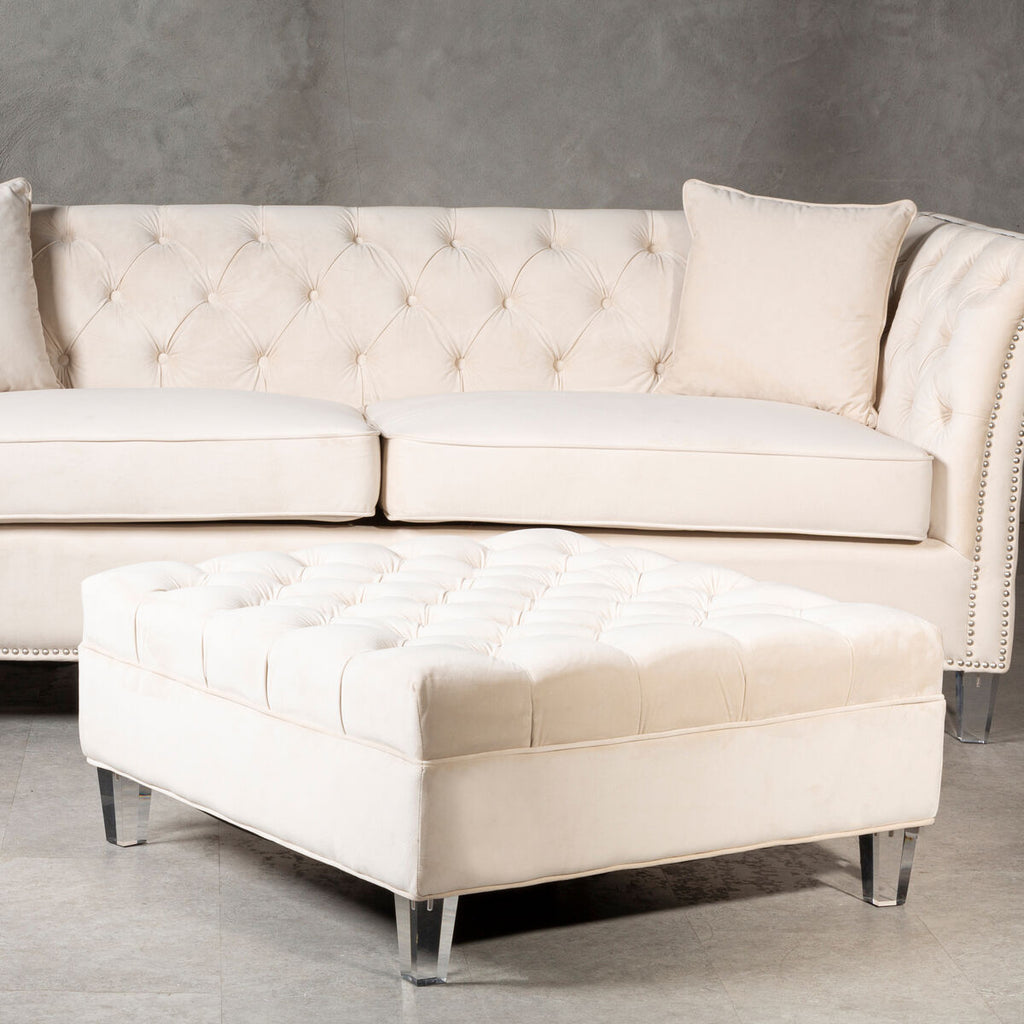 Sand Fabric Button Tufted Large Footstool