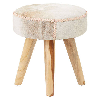 Natural Hair on Leather and Teak Wood Round Stool