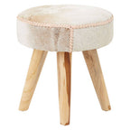 Natural Hair on Leather and Teak Wood Round Stool