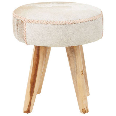 Natural Hair on Leather and Teak Wood Round Stool