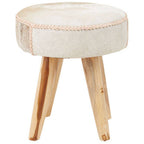 Natural Hair on Leather and Teak Wood Round Stool