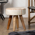 Natural Hair on Leather and Teak Wood Round Stool