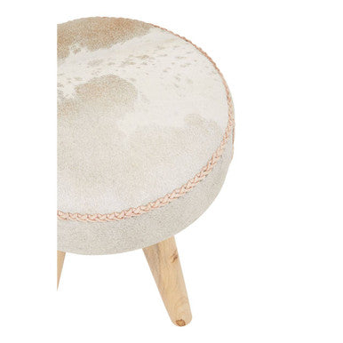 Natural Hair on Leather and Teak Wood Round Stool