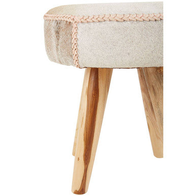 Natural Hair on Leather and Teak Wood Round Stool