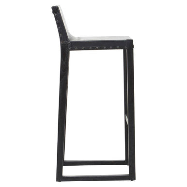 Black Leather and Teak Wood Bar Chair