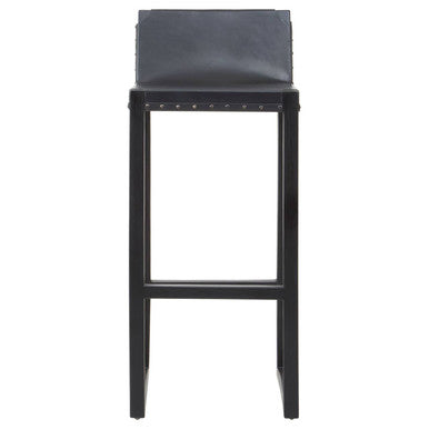 Black Leather and Teak Wood Bar Chair