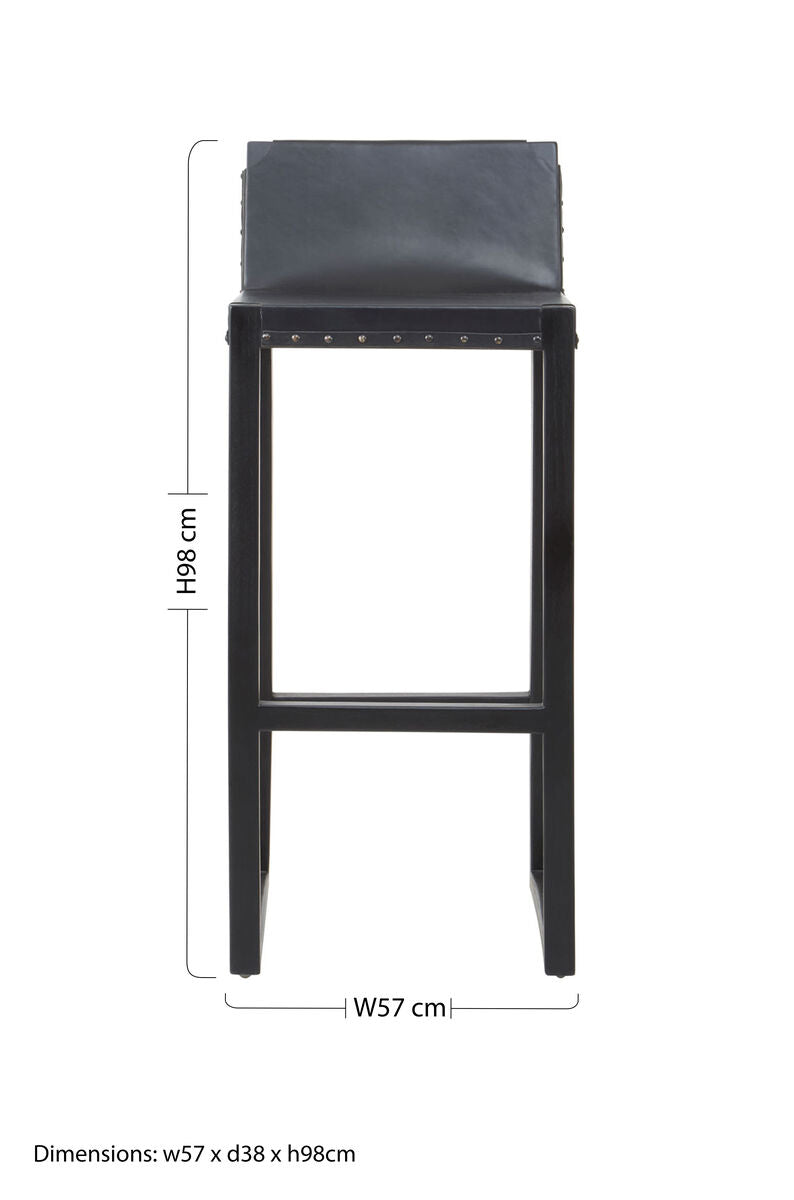 Black Leather and Teak Wood Bar Chair