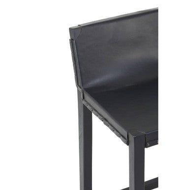 Black Leather and Teak Wood Bar Chair