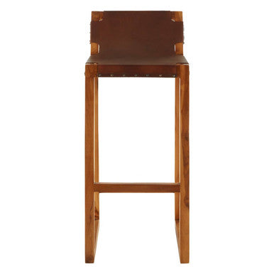 Brown Leather and Teak Wood Bar Chair