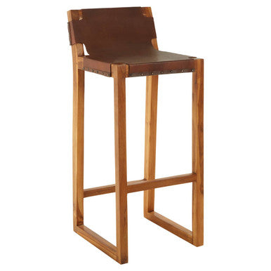 Brown Leather and Teak Wood Bar Chair