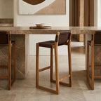 Brown Leather and Teak Wood Bar Chair