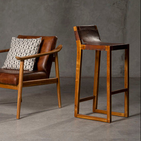 Brown Leather and Teak Wood Bar Chair