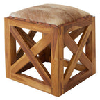 Natural Hair on Leather and Teak Wood Square Stool
