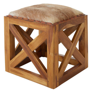 Natural Hair on Leather and Teak Wood Square Stool