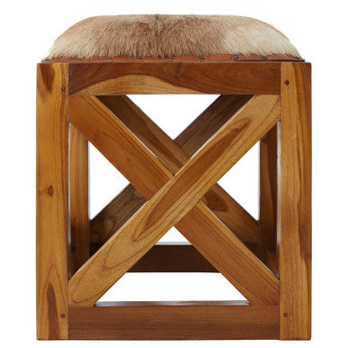 Natural Hair on Leather and Teak Wood Square Stool