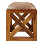 Natural Hair on Leather and Teak Wood Square Stool