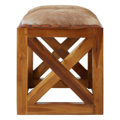 Natural Hair on Leather and Teak Wood Square Stool