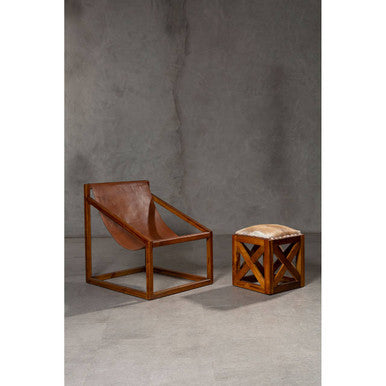 Natural Hair on Leather and Teak Wood Square Stool