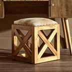 Natural Hair on Leather and Teak Wood Square Stool