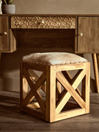 Natural Hair on Leather and Teak Wood Square Stool
