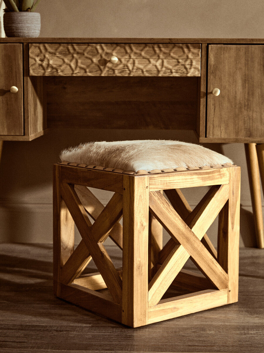 Natural Hair on Leather and Teak Wood Square Stool