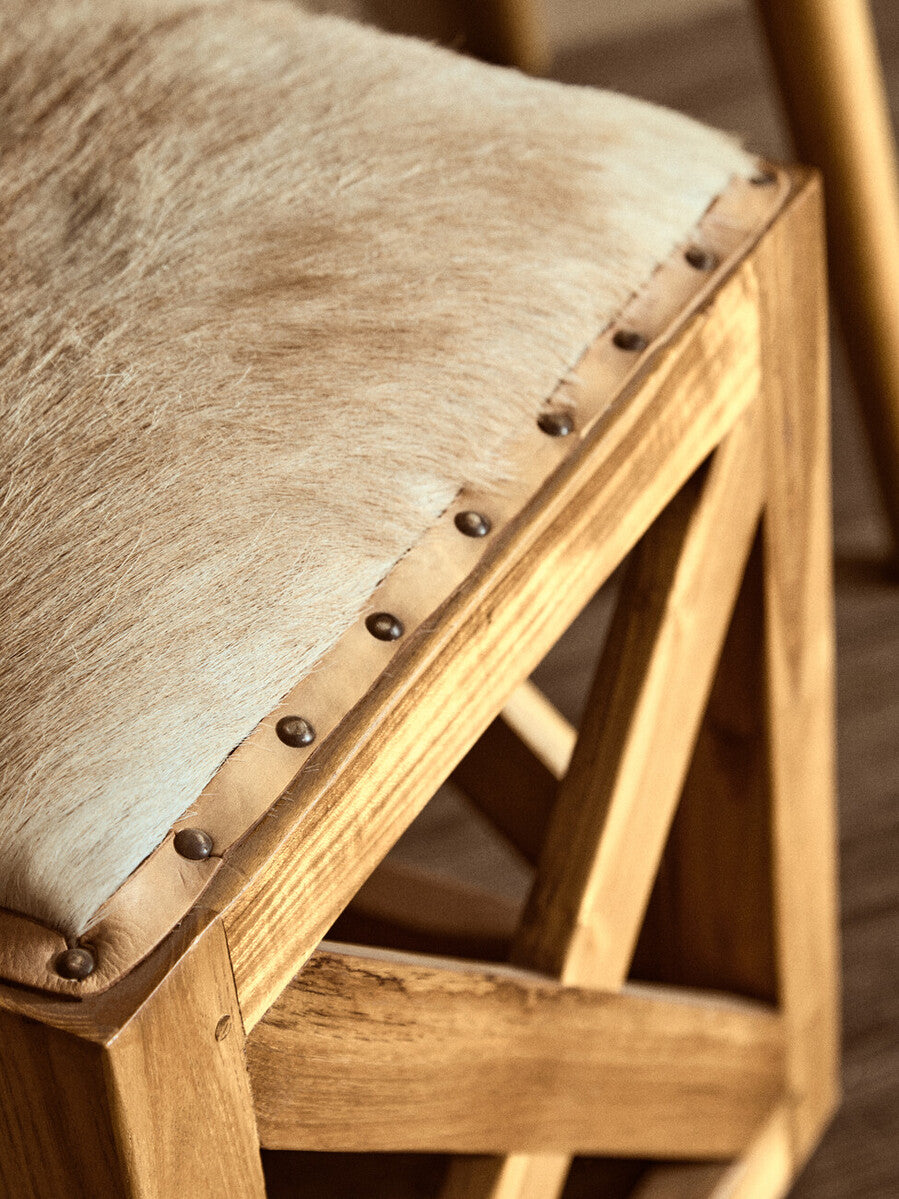 Natural Hair on Leather and Teak Wood Square Stool