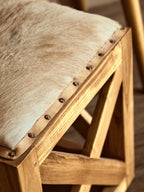 Natural Hair on Leather and Teak Wood Square Stool
