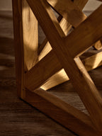 Natural Hair on Leather and Teak Wood Square Stool