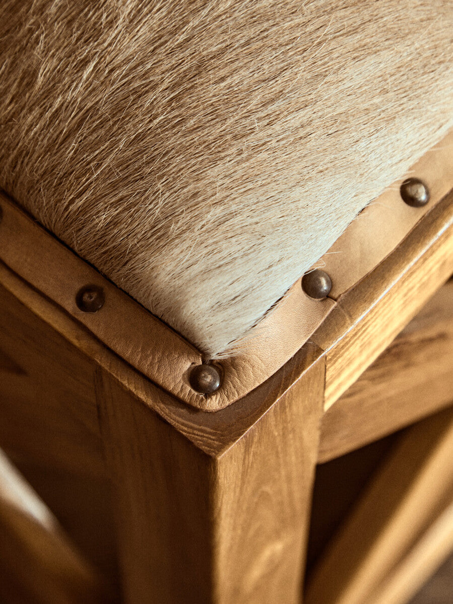 Natural Hair on Leather and Teak Wood Square Stool