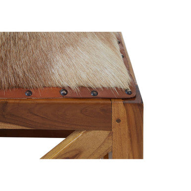 Natural Hair on Leather and Teak Wood Square Stool