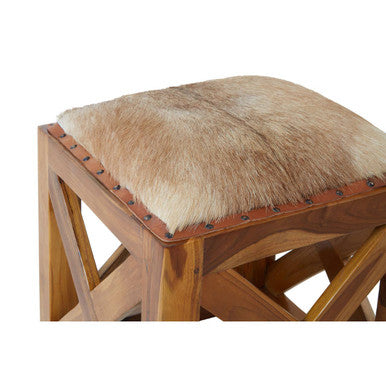 Natural Hair on Leather and Teak Wood Square Stool