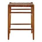 Brown Woven Leather and Teak Wood Bar Stool
